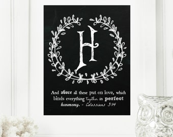 Instant "Family Monogram Scripture" Chalkboard Wall Art Print 8x10 Letter "H" Printable Home Decor and Binder Cover