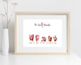 Printed and Shipped | Personalized Family Print | Valentine's Day Coffee Cups | Wall Art | Wall Decor