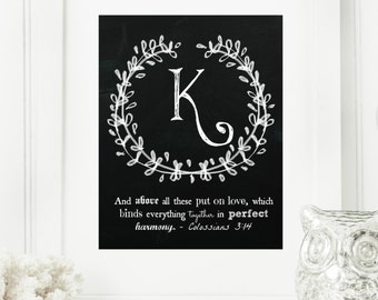 Instant "Family Monogram Scripture" Chalkboard Wall Art Print 8x10 Typography Letter "K" Printable Home Decor