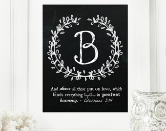 Instant "Family Monogram Scripture" Chalkboard Wall Art Print 8x10 Typography Letter "B" Printable Home Decor