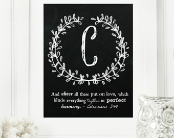 Instant "Family Monogram Scripture" Chalkboard Wall Art Print 8x10 Typography Letter "C" Printable Home Decor