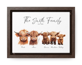 Highland Cow Personalized Family 100% Cotton Fabric Canvas | Framed Gallery Print Artwork | Farmhouse Family Portrait with Up to Five Names