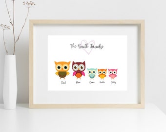 Unframed Printed and Shipped | Personalized Family Print | Owl Family | Wall Art | Wall Decor