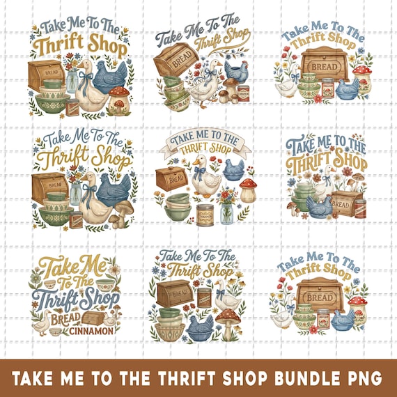 Take Me To The Thrift Shop PNG Bundle, Vintage Farmhouse Chicken Goose Bread Box, Retro Cottagecore Clipart, Sublimation Shirt Design