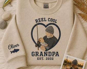 Moletom personalizado bordado "Reel Cool Grandpa", camiseta de pesca com foto, nome do neto na manga, presente para o avô, presente para o Dia dos Pais