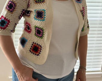 Handmade Granny Square Cardigan, Crochet Boho Sweater, Oversized Knit Cardigan, Colorful Patchwork Jacket, Unique Gift for Her