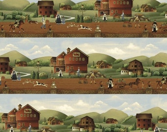 1 Yard Vintage Cotton Fabric Farm Scene Animals New Old Stock 44/" Wide