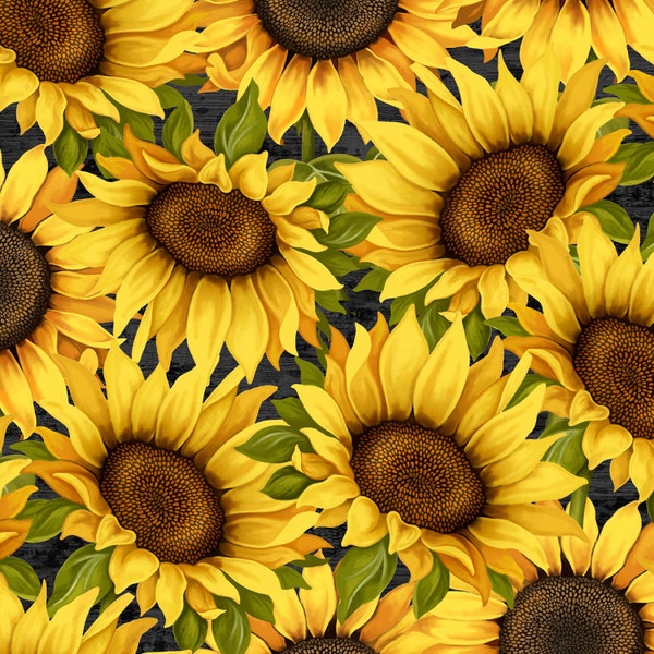 SUNSET BLOOMS-Packed large yellow sunflowers floral print on black- by the yard Wilmington fabric- 68432-952