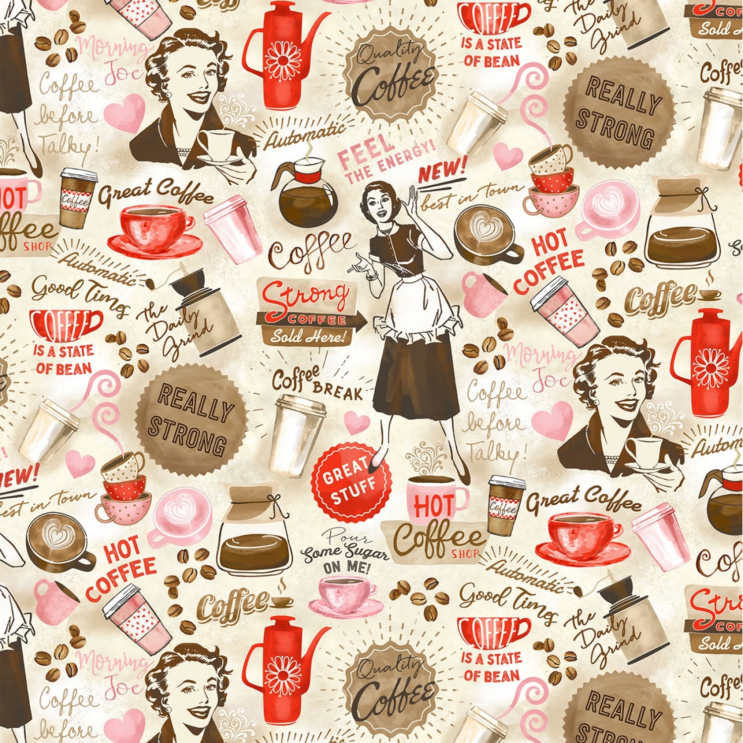 PERK UP by the half Yard Michael Miller fabrics- Coffee shop Retro cups  java Waitress on vanilla cream CX10127-vani