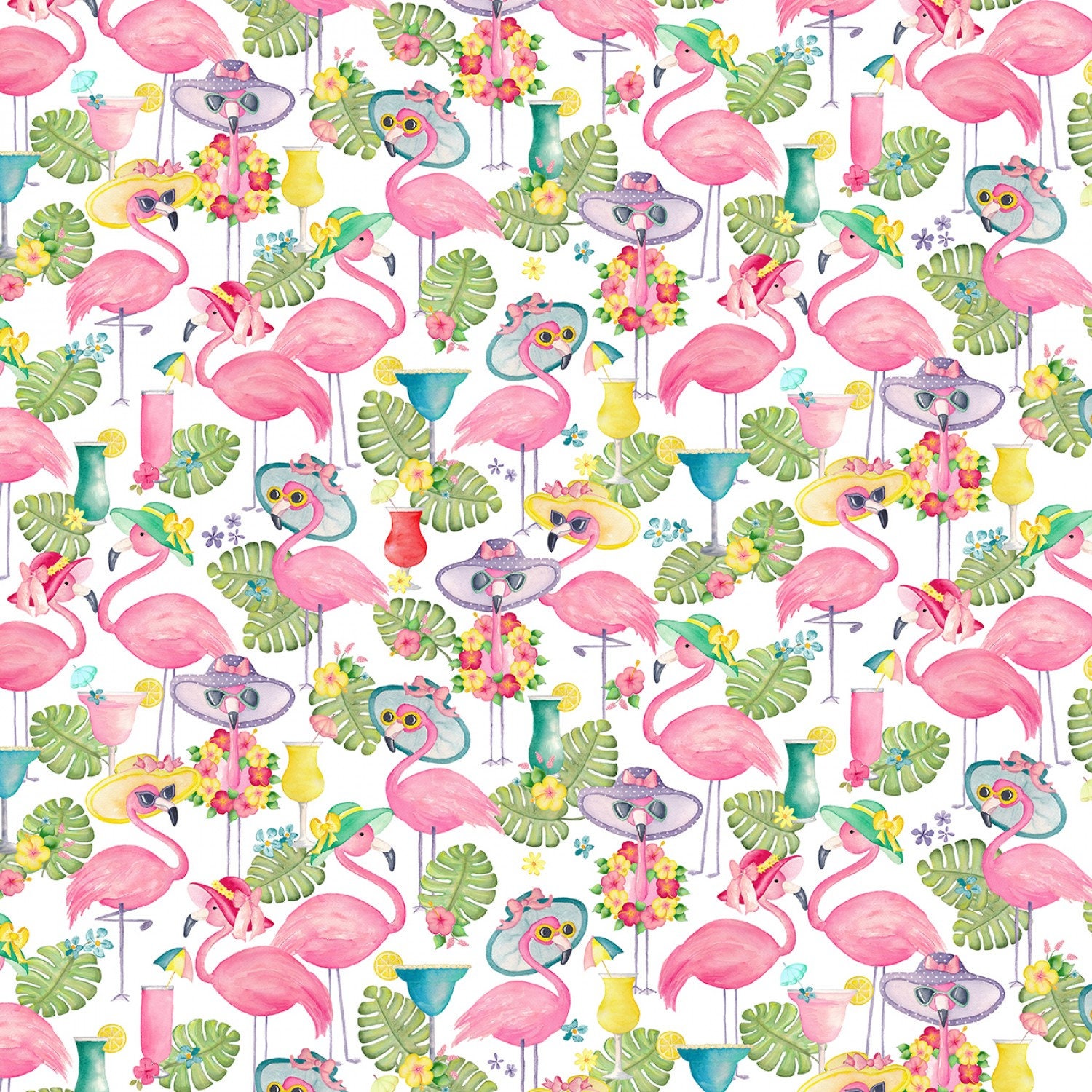 FUN in the SUN FLAMINGALS Flamingos on White Background by the Yard Kanvas  by Benartex Cotton Quilt Fabric 12590B-09 