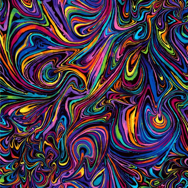 Swirls of bright primary and jewel tone colors on Black cotton print by the yard Timeless Treasures fabric C8416-blk