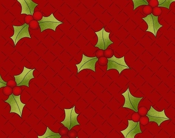 20% off thru 7/10 by the yard RING in the HOLLY DAYS green holly leaves berries on red 2095-88 Henry Glass Holly Hill quilters cotton fabric