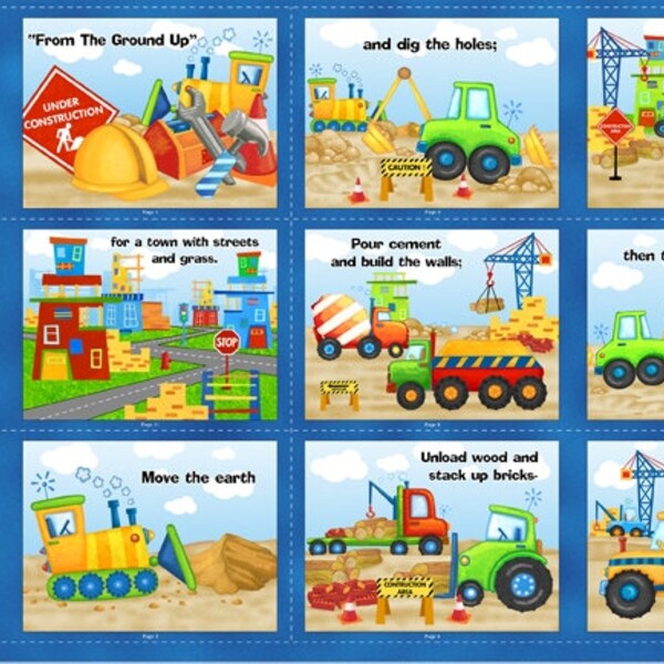 FROM the GROUND UP Wilmington cotton fabric soft book panel construction trucks, bulldozer, fork lift- makes cute book-87646-453