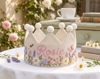 Wildflower Bee Birthday Crown, Embroidered Linen Name Hat, Floral Baby Keepsake Crown, Custom First Birthday Gift, Butterfly Embroided Crown