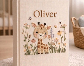 Personalized Giraffe Baby Photo Album – Hand Embroidered Linen Memory Book, Newborn Keepsake Gift