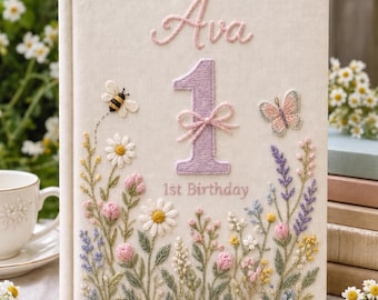 Wildflower Bee Photo Album, Embroidered Linen Memory Book, Custom Wildflower Bee, Flower Gift for Girl Boy, Floral First Birthday Book