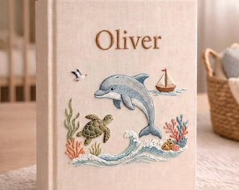 Personalized Dolphin Baby Photo Album, Sea Life Journal, Fish Gift for Baby, Hand Embroidered Linen Memory Book, Ocean Gift Newborn