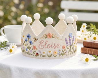 Personalized Wildflower Bee Birthday Crown, Hand Embroidered Linen Name Hat, Floral Baby Keepsake Crown, Custom First Birthday Gift