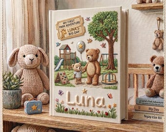 Album photo Teddy Bear Park Adventure, livre souvenir en lin brodé, album souvenir du petit explorateur, voyage de bébé personnalisé fait main