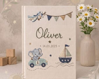Personalized Elephant Baby Photo Album, Hand Embroidered Linen Memory Book, Custom Newborn Keepsake, Elephant Gift for Girl Boy