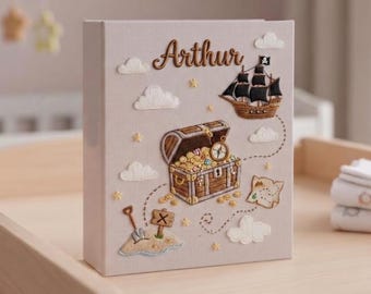 Personalized Treasure Hunt Photo Album, Embroidered Linen Memory Book, Little Explorer Keepsake Scrapbook, Adventure Journey Gift for Baby