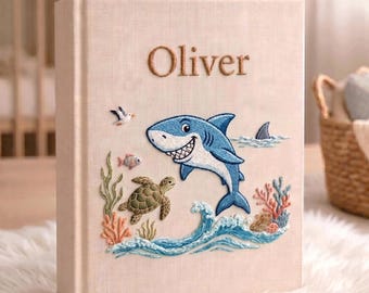 Personalized Shark Baby Photo Album, Sea Life Journal, Fish Gift for Baby, Hand Embroidered Linen Memory Book, Shark Gift Newborn