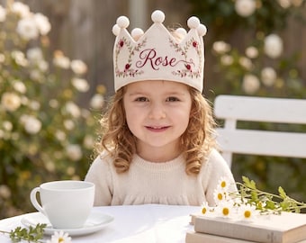 Personalized Birthday Crown, Hand Embroidered Floral Linen Crown, Custom Name Birthday Hat, First Birthday Keepsake, Baby Shower Gift