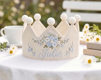 Personalized Floral Linen Crown, Custom Name Baby Birthday Hat, Sunflower Embroidered Birthday Crown, First Birthday Gift, Handmade Crown