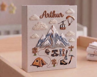 Mountain Adventure Photo Album, Personalized Embroidered Linen Memory Book, Little Climber Keepsake Scrapbook Handmade Journey Gift for Baby