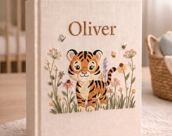 Tiger Baby Photo Album, Hand Embroidered Linen Memory Book, Custom Newborn Keepsake, Tiger Gift for Girl Boy, Tiger Birthday Book