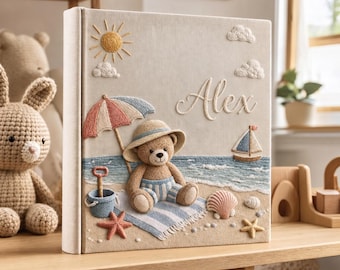 Teddy Bear Beach Adventure Photo Album, Embroidered Linen Memory Book, Explorer Keepsake Scrapbook, Personalized Handmade Seaside Journey