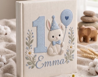 Bunny First Birthday Photo Album, Custom Name Memory Book, Embroidered Bunny Keepsake, 1st Birthday Scrapbook Gift for Baby, Bunny Birthday