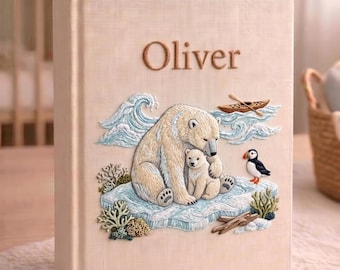 Personalized Polar Bear Baby Photo Album, Hand Embroidered Linen Memory Book, Custom Newborn Keepsake, Polar Bear Gift for Girl Boy