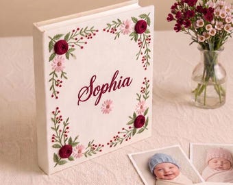 Personalized Baby Flower Photo Album, Embroidered Floral Linen Memory Book, Custom Bridal Keepsake Scrapbook, Flower Embroidery Gift