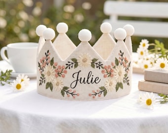 Flower Embroidered Birthday Crown, Floral Linen Crown, Custom Name Baby Birthday Hat, First Birthday Gift, Embroidery Handmade Crown