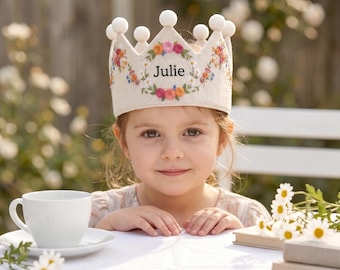 Sunflower Embroidered Birthday Crown, Floral Linen Crown, Custom Name Baby Birthday Hat, First Birthday Gift, Handmade Crown