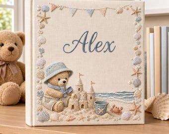 Teddy Bear Beach Adventure Photo Album, Explorer Keepsake Scrapbook, Personalized Handmade Seaside Journey, Embroidered Linen Memory Book