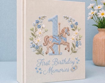 Horse First Birthday Photo Album, Personalized Name Memory Book, Embroidered Horse Birthday Naby, 1st Birthday Scrapbook Gift for Baby