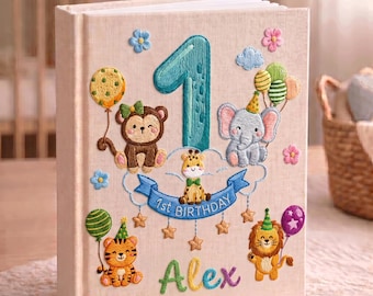 Personalized Safari Birthday Photo Album, Embroidered Linen Memory Book, Elephant Lion Zebra Giraffe Birthday Keepsake Gift for Baby