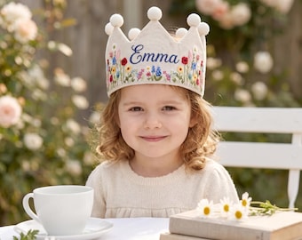 Sunflower Embroidered Birthday Crown, Personalized Floral Linen Crown, Custom Name Baby Birthday Hat, First Birthday Gift, Handmade Crown