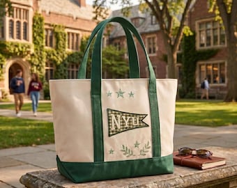 College Tote Bag, bestickter Wimpel Canvas Tote, Name benutzerdefinierte Name Schultasche, Varsity Style Studenten Geschenk, süße Kampus Tragetasche, NYU Tote