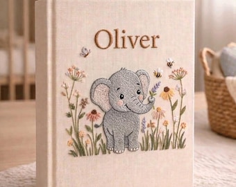 Personalized Elephant Baby Photo Album, Hand Embroidered Linen Memory Book, Custom Newborn Keepsake, Elephant Gift for Girl Boy