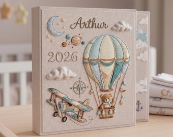 Personalized Baby Adventure Photo Album, Embroidered Linen Memory Book, Little Explorer Keepsake Scrapbook, Handmade Newborn Journey Gift