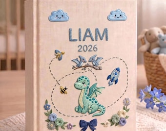Dragon Baby Memory Book, Personalized Embroidered Linen Photo Album, Cute Dragon Newborn Keepsake Gift, Pegasus Book For Boy