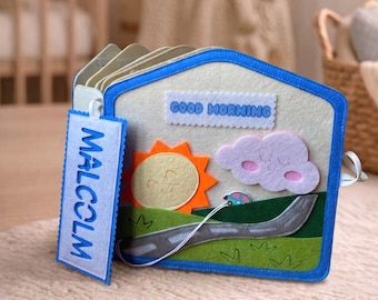 Livre de routine pour bébé garçon, livre chargé Montessori, livre d'activités personnalisé en feutre, jouet d'apprentissage, cadeau de premier anniversaire