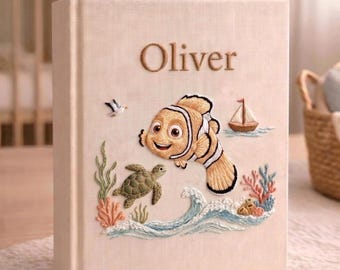 Personalized Ocean Baby Photo Album, Hand Embroidered Linen Memory Book, Sea Life Journal, Fish Gift Newborn, Fish Gift for Baby