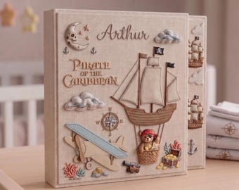 Personalized Pirate Adventure Photo Album, Embroidered Linen Memory Book, Little Pirate Keepsake Scrapbook, Caribbean Journey Gift for Baby