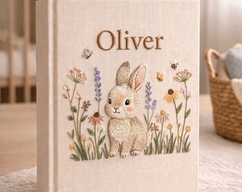 Personalized Bunny Baby Photo Album, Hand Embroidered Linen Memory Book, Custom Newborn Keepsake, Rabbit Gift for Girl Boy