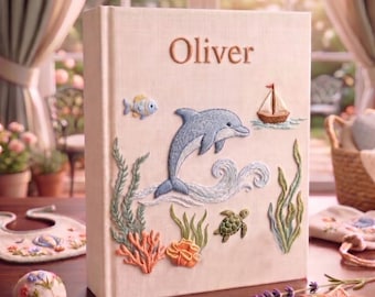 Personalized Ocean Baby Photo Album, Hand Embroidered Linen Memory Book, Dolphin Gift Newborn, Fish Gift for Baby, Sea Life Journal