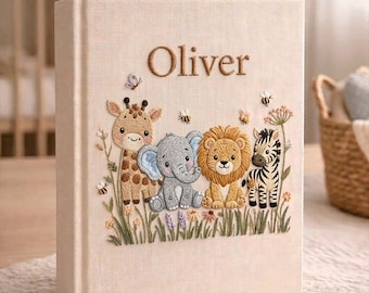 Safari Animal Baby Memory Book, Personalized Embroidered Linen Photo Album, Elephant Deer Lion Zebra Newborn Keepsake Gift